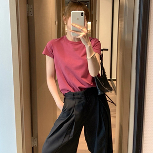 圆领显瘦舒适柔软简约潮流T恤上衣 裂纹发泡印花女士正肩小飞袖