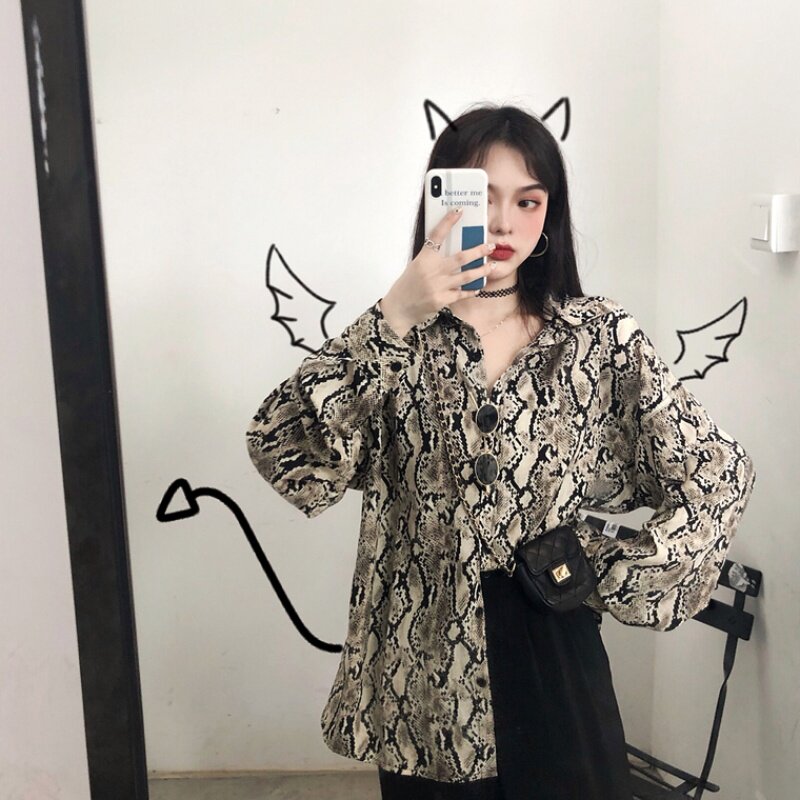 复古蛇皮纹长袖衬衫女2020春季新款港风chic宽松上衣百搭气质衬衣|msdalam kategori Butik wanita / wanita, shirt - dari Buy2taobao.com untuk memberikan perkhidmatan ejen Taobao profesional membeli