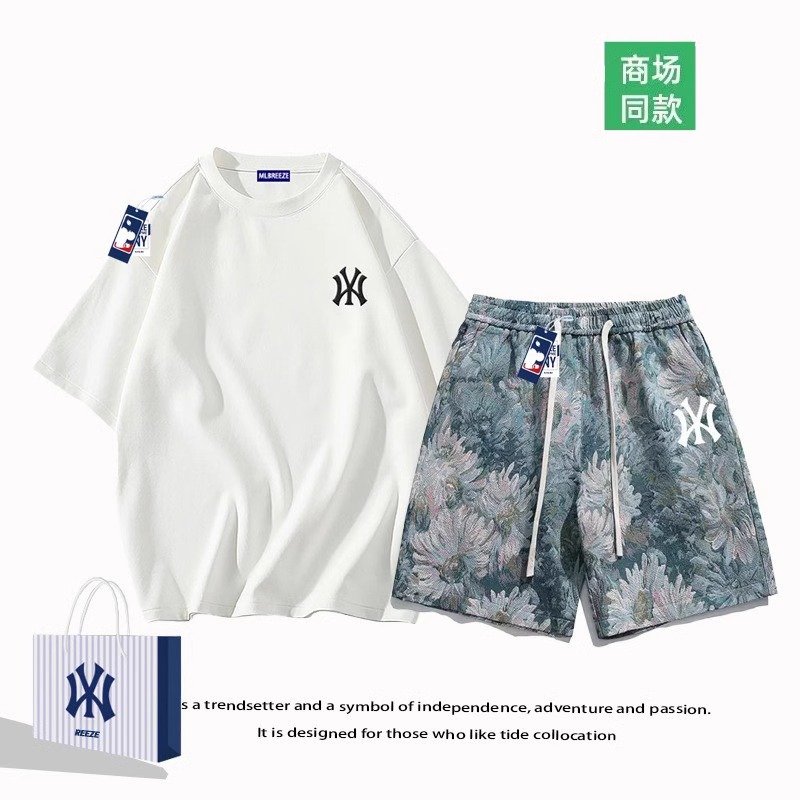奥特莱斯短袖短裤套装男夏季纯棉t恤宽松运动五分裤运动两件套潮T