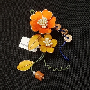 紫藤栖羽 橙黄纳吉 非遗绒花发夹原创桑蚕丝国风新中式旗袍发饰