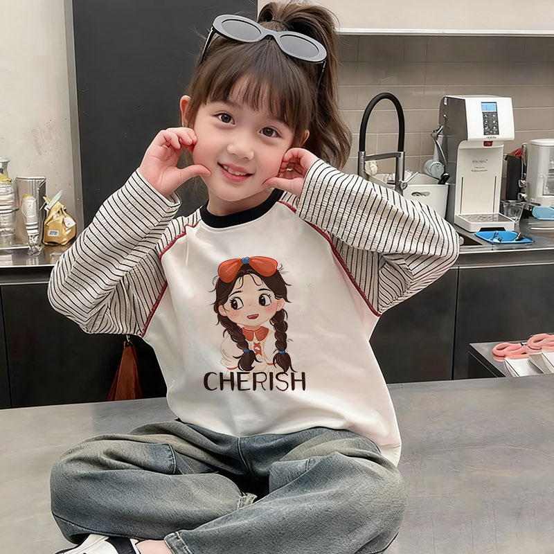 儿童条纹拼接长袖t恤上衣女童装