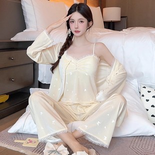 金丝绒睡衣女春秋季性感吊带三件套带胸垫2025新款网红家居服秋冬