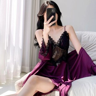 冰丝睡衣女性感吊带睡裙蕾丝镂空纯欲风夏天薄款家居服套装带胸垫