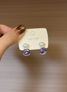 紫色华子方糖锆石珍珠耳钉