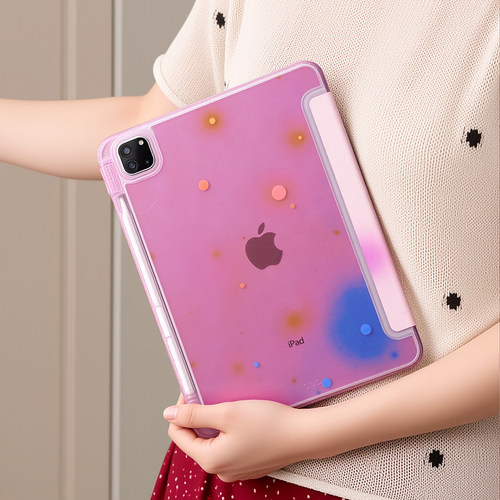 粉色波点iPad带笔槽三折保护壳