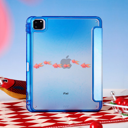 渐变蓝鲤鱼适用苹果ipadmini7保护套平板电脑壳air6/pro带笔槽Y+三折air7/10代11代air13寸/4/5/6亚克力硬壳