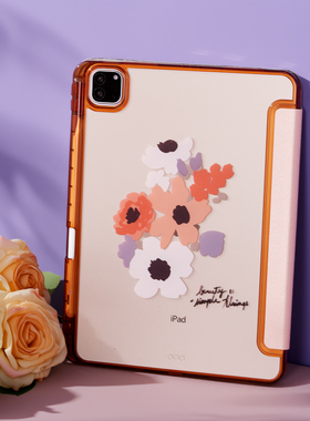 手绘花适用苹果ipadpro11保护套平板电脑壳air6/air7带笔槽Y折mini6/8/air13寸/5/6/11/10代25亚克力防摔硬壳