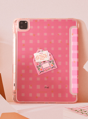 粉格子信封适用苹果ipadair4保护套平板电脑壳air6/pro带笔槽Y+三折mini7/10代air13/4/5/6亚克力防摔透明硬