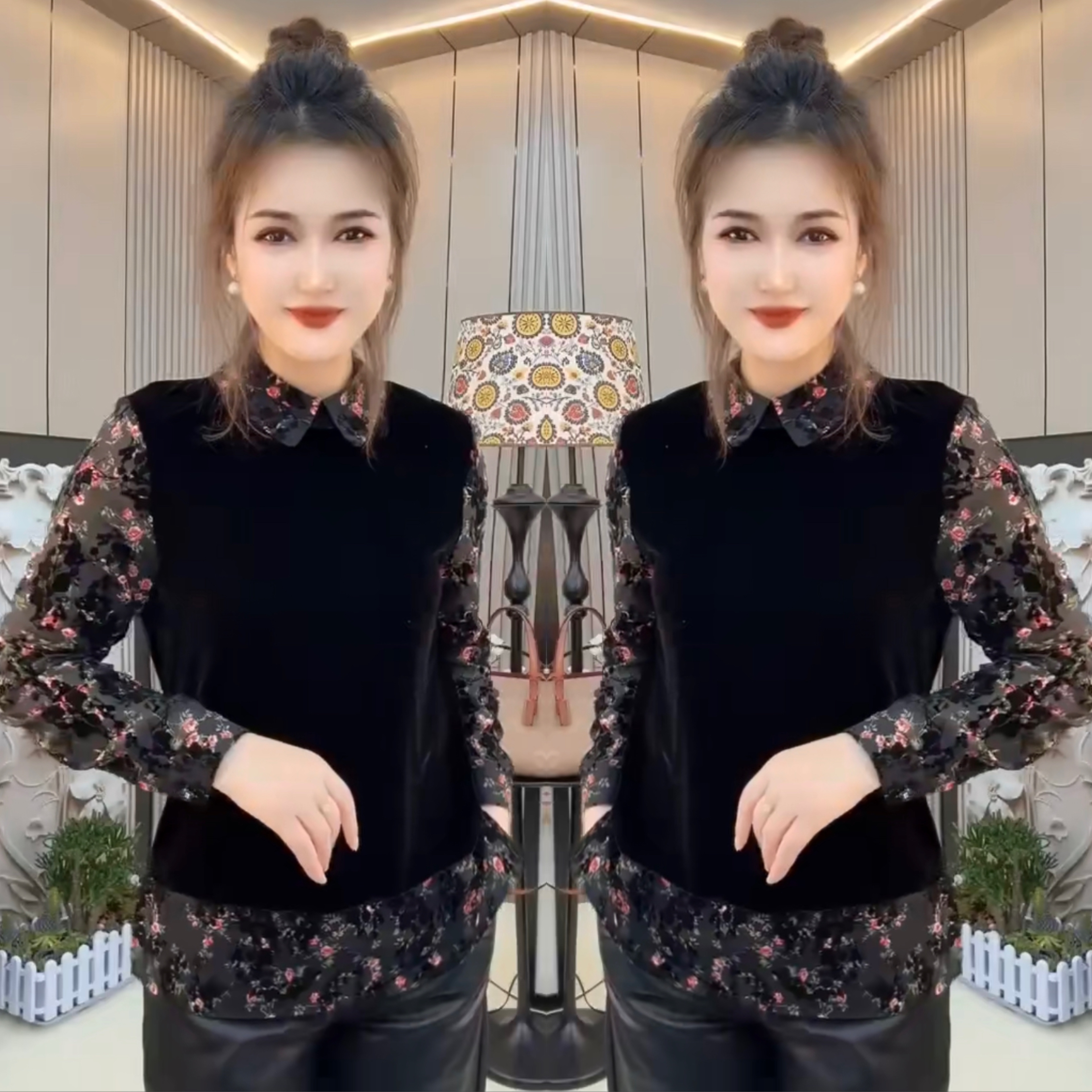 气质碎花衬衫拼接丝绒假两件上衣