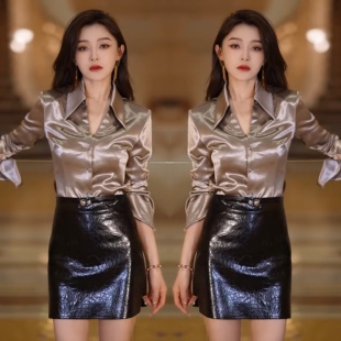 2025早秋网红新款时尚两件套裙女高级感气质御姐范显瘦衬衫+皮裙