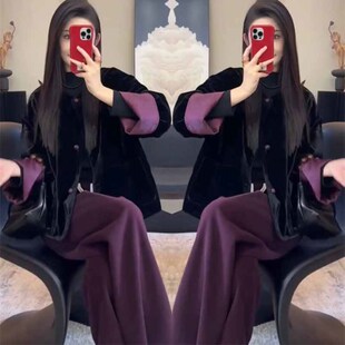 网红爆款时尚两件套女2024秋冬新款新中式两面穿丝绒外套+阔腿裤