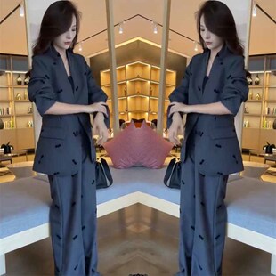 西服套装 阔腿裤 女2024秋季 重工刺绣显瘦外套 新款 小个子网红爆款