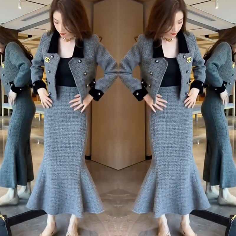 网红爆款时尚香风套装裙女2023秋冬新款法式高级修身短外套+裙子,女装/女士精品,时尚套装,淘宝优惠券,粉丝福利购,淘宝优惠卷
