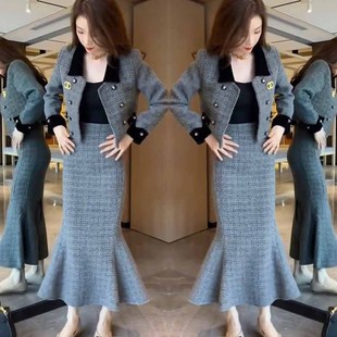 网红爆款时尚香风套装裙女2023秋冬新款法式高级修身短外套+裙子