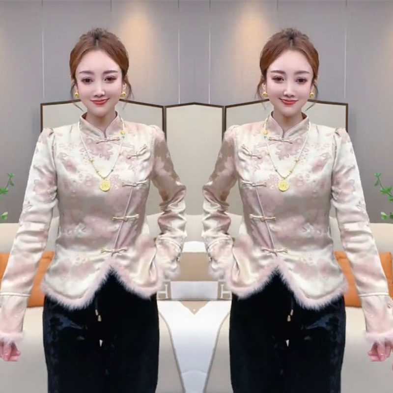 网红爆款时尚新中式国风上衣女2024早春款盘扣提花水貂毛拼接小衫