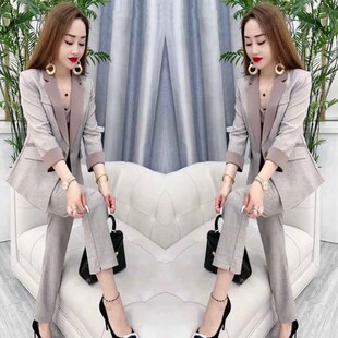 网红爆款时尚职业西服三件套女2023春季新款净版外套+吊带+小脚裤