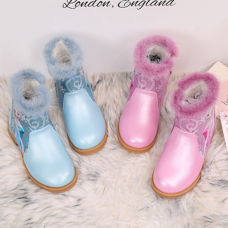 女童靴子冬季爱莎公主单靴儿童雪地靴加绒宝宝短靴冰雪奇缘马丁靴