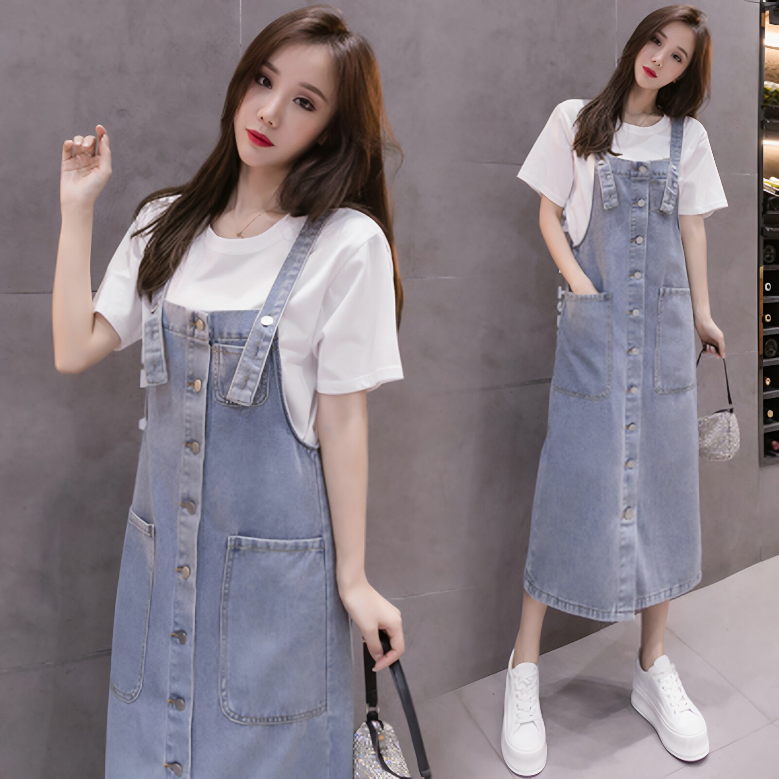 韩版大码吊带裙气质中长款A字裙百搭宽松吊带连衣裙牛仔背带裙女