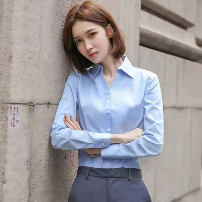蓝色衬衫女长袖秋冬装V领职业装
