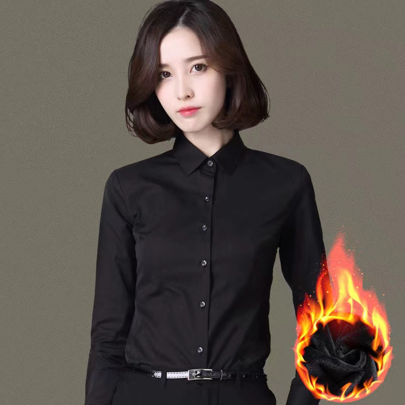 加绒衬衫女长袖秋冬韩版黑色衬衣