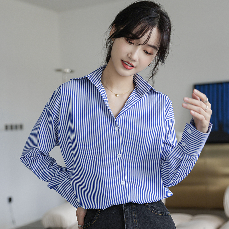 蓝色条纹衬衫女长袖春秋2025新款