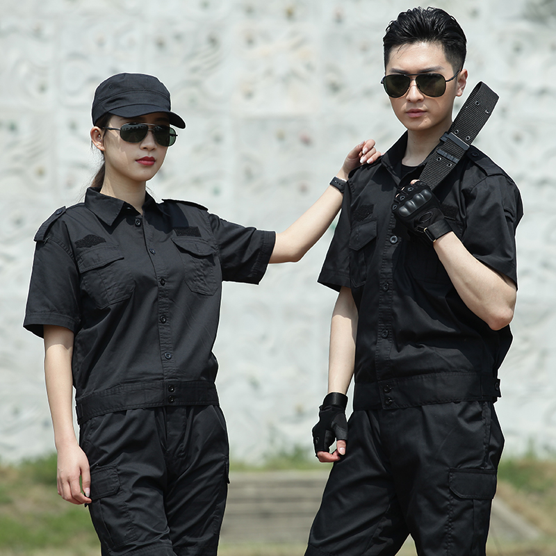 盾郎户外黑色短袖保安作训服夏装军迷作战服装套装男女耐磨工作服