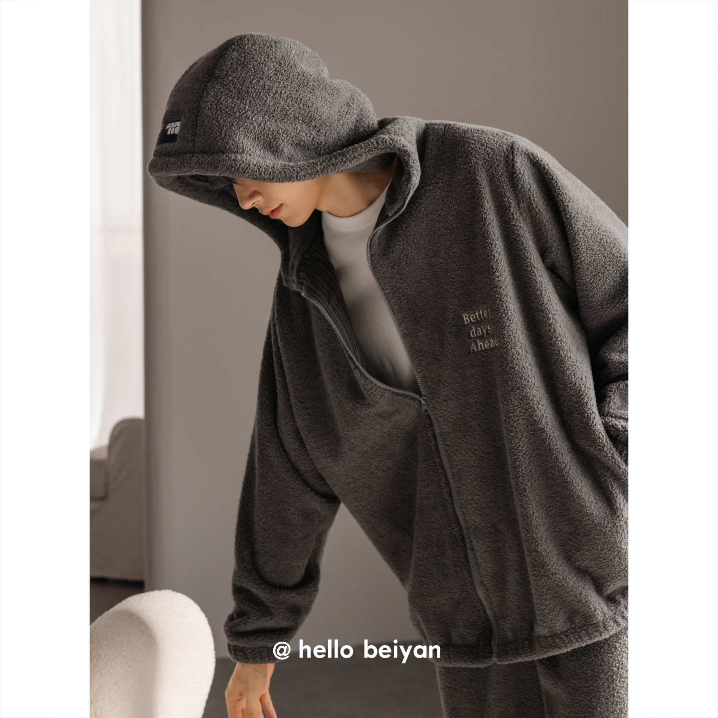 贝妍男士冬季珊瑚绒连帽睡衣