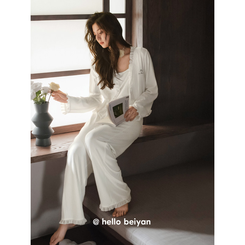 贝妍春秋纯棉女士纯色三件套睡衣