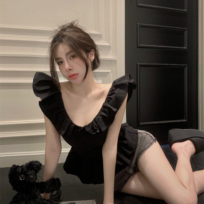 BABES TIE WAIST RUFFLES BACKLESS SMALL FLY SLEEVE VEST V-NECK SHIRT WOMENS SUMMER SEXY SHORT SLEEVELESS TOP