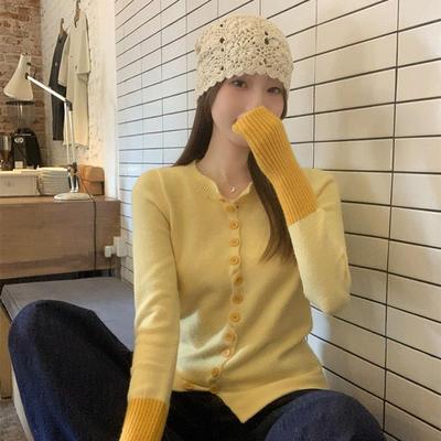 鹅黄色别致拼接针织开衫女秋冬新款修身显瘦甜辣绝美长袖外套上衣