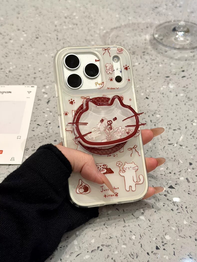 满屏线条猫咪摇摇乐磁吸支架适用iPhone17promax/16PRO手机壳苹果13个性14promax简约15promax硬壳14PRO新款