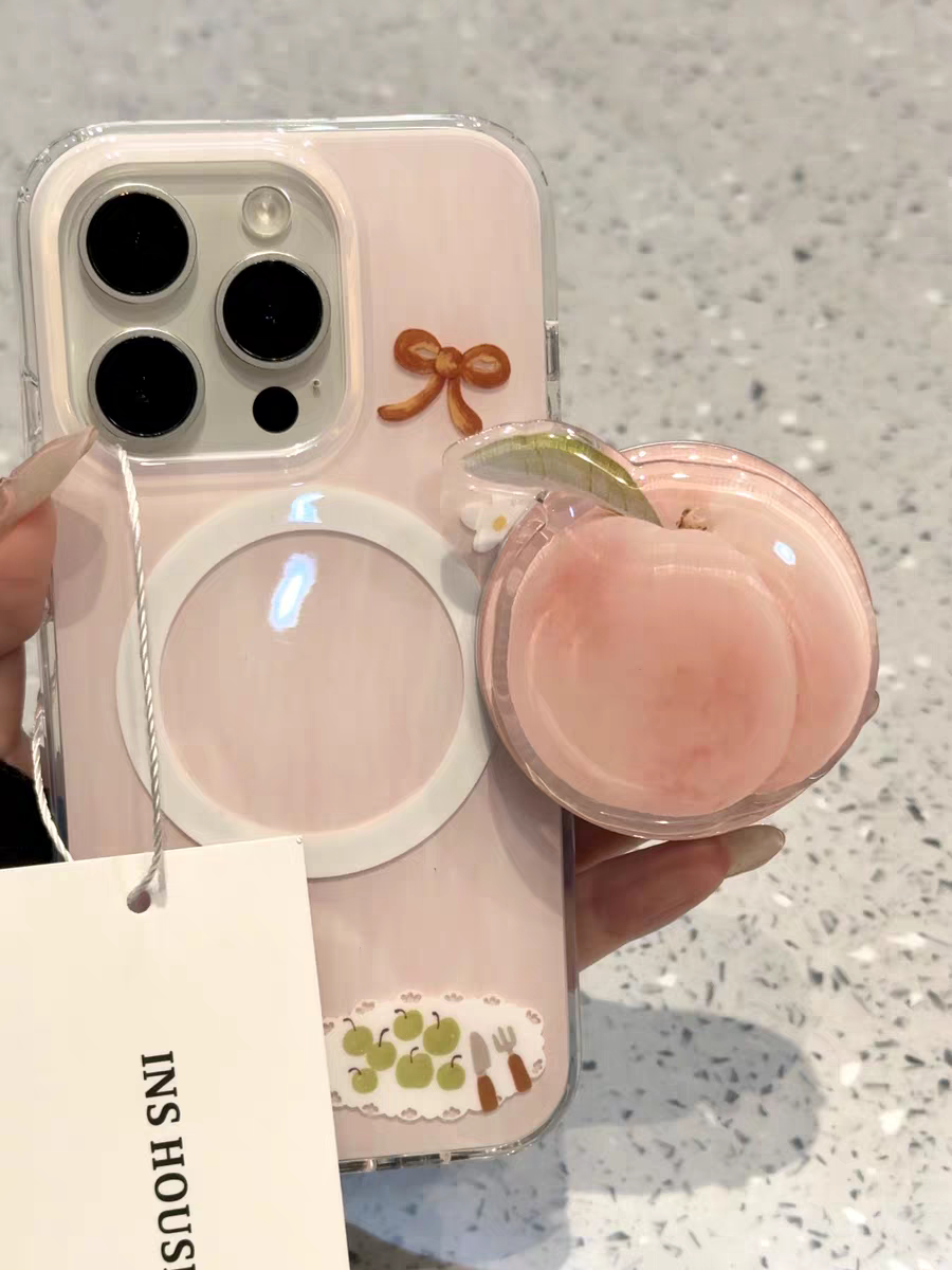 唯美清新桃粉底蝴蝶结水果支架适用iphone16promax苹果15手机壳14