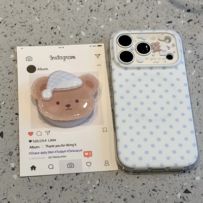 蓝色波点睡帽小熊磁吸支架适用iPhone17promax/16PRO手机壳苹果13个性14promax简约15promax硬壳14PRO新款