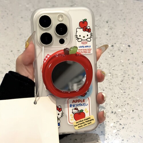 日韩ins可爱猫咪红苹果镜面磁吸支架适用iPhone16pro/15手机壳苹果13女13promax个性14promax磁吸壳15promax