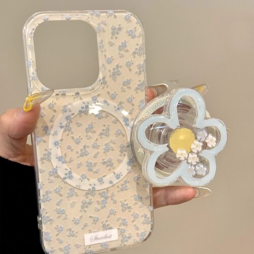 磁吸壳适用iPhone16pro/15手机壳苹果13小清新米底蓝碎花蓝花朵磁吸支架13pro个性14promax防摔15pro硬