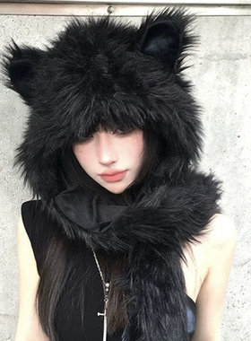日系朋克冬日可爱亚比辣妹毛绒帽子狐狸毛仿皮草围巾手套一体搭配