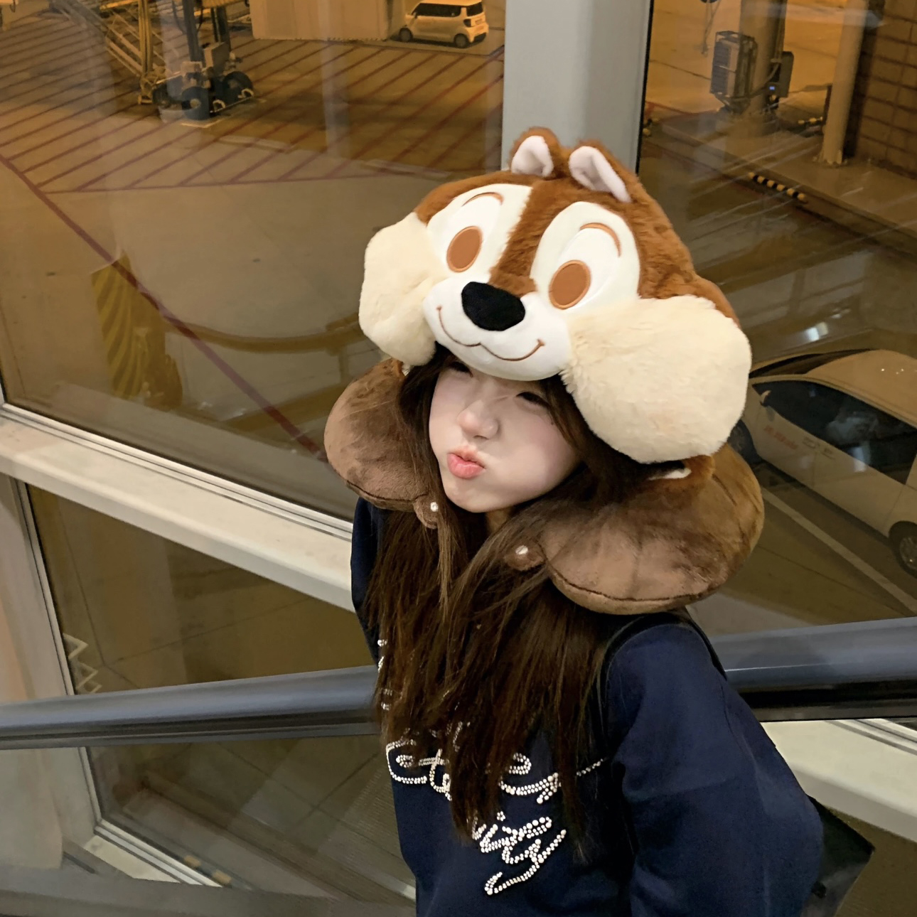 可爱花栗鼠护颈枕连帽遮光靠枕