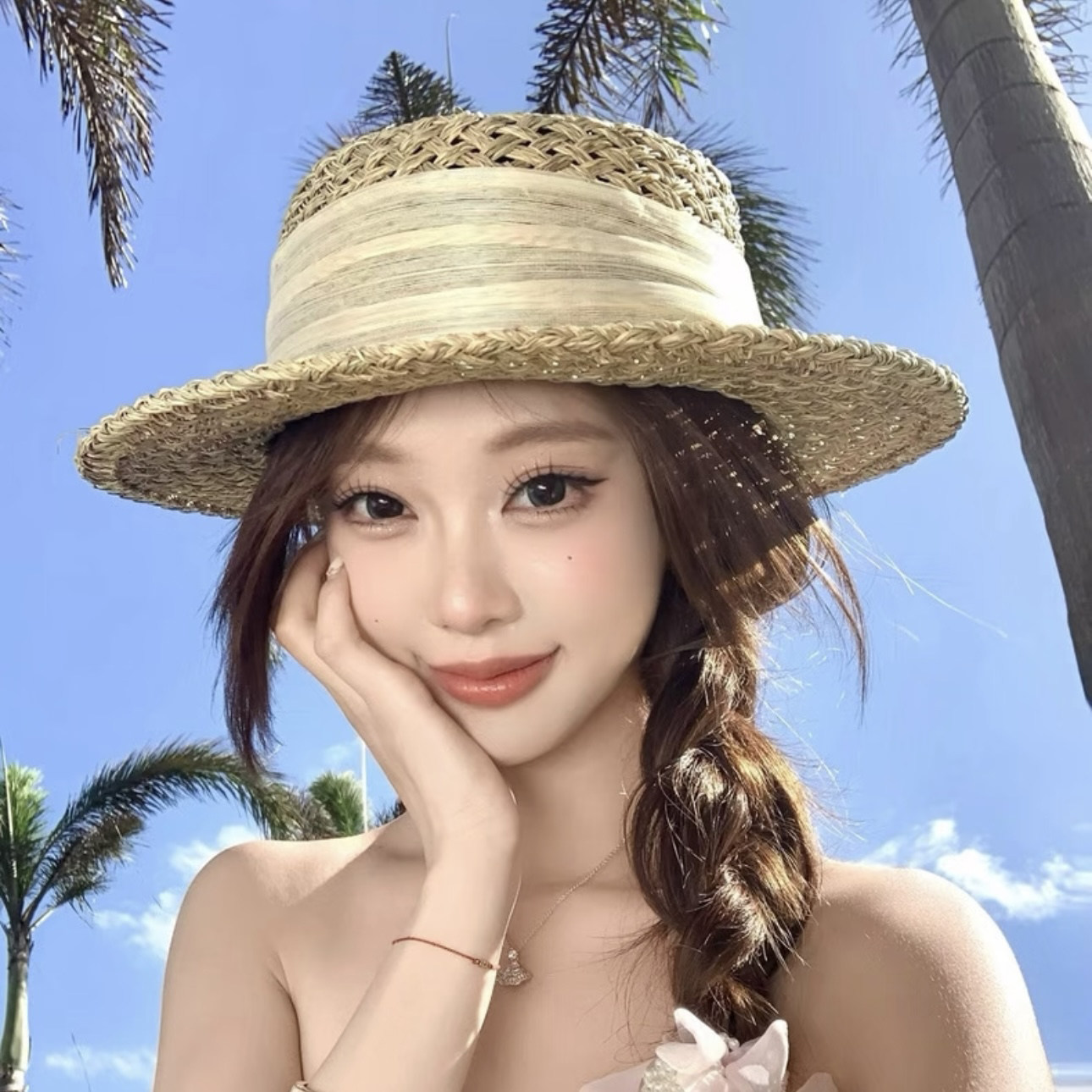 法式老钱风亚麻缎带平顶编织草帽女夏季度假海边沙滩防晒遮阳帽子