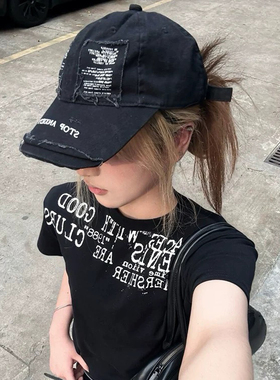 韩版重工质感做旧破洞软顶棒球帽女美式街头个性贴布鸭舌帽子潮男