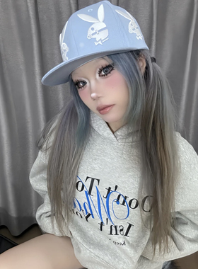 原创y2k辣妹风蓝色小兔子刺绣平檐帽子女夏季百搭显脸小棒球帽潮