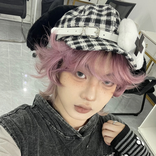 亚比风宅系小狗原创骨头亚文化贝雷帽格子y2k可爱复古八角帽子女
