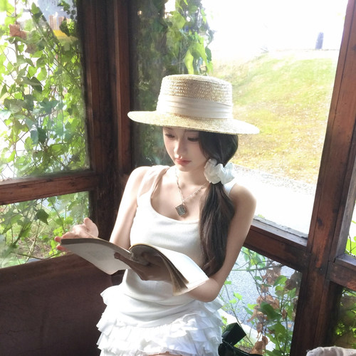 法式复古平顶草帽女夏季海边沙滩