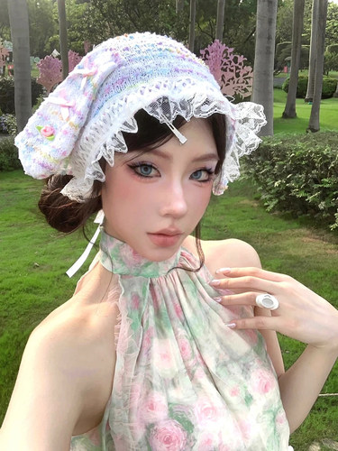 针织兔耳朵蕾丝绑带头巾帽