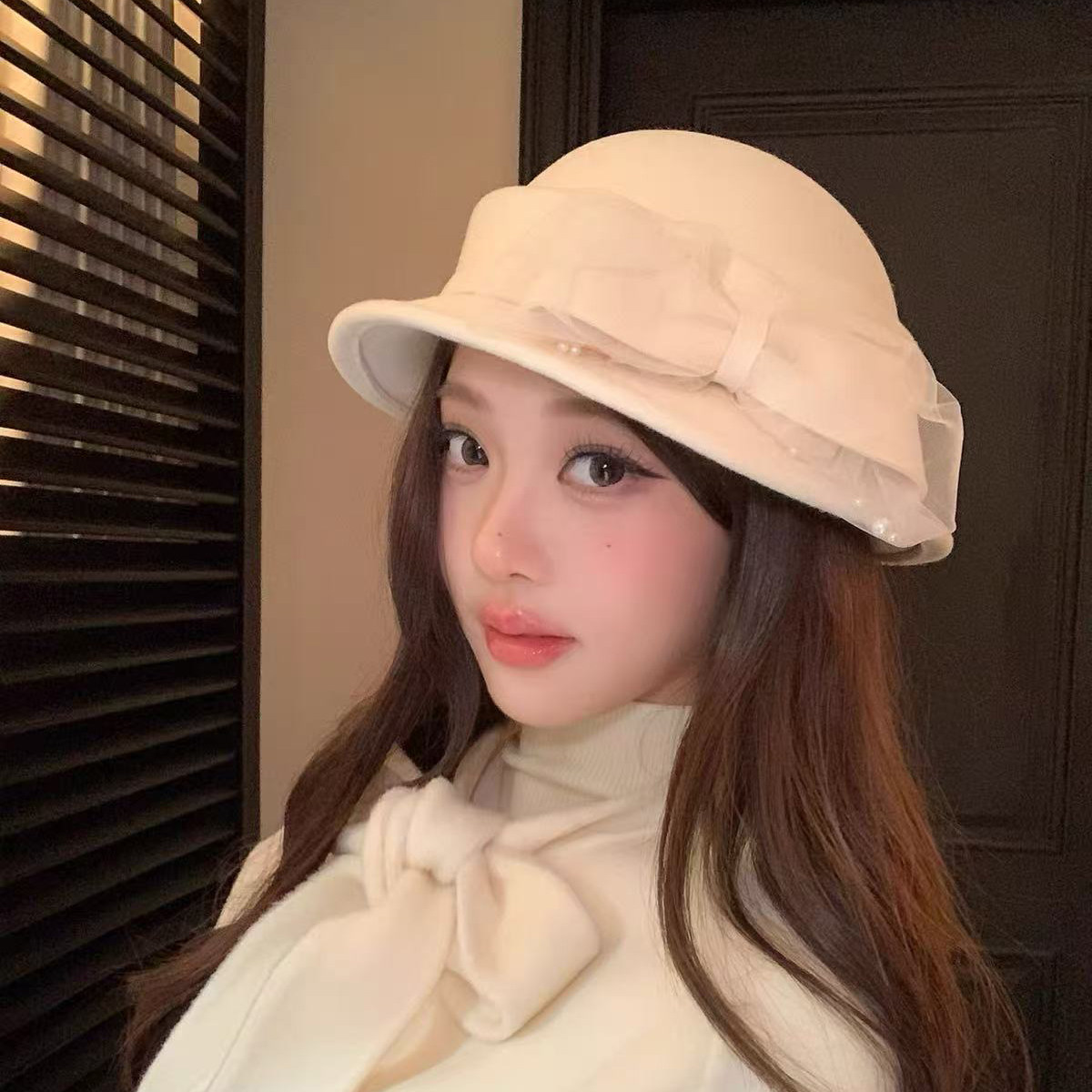 秋冬法式赫本蝴蝶结羊毛礼帽女