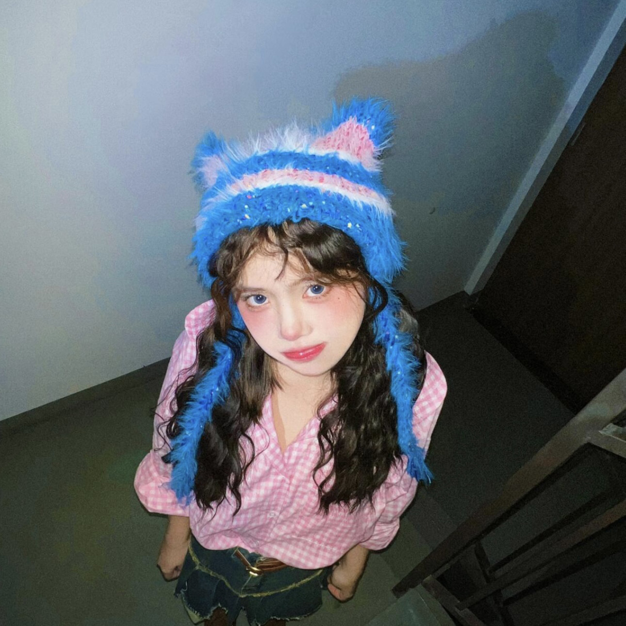 y2k甜酷撞色毛绒针织帽条纹猫耳