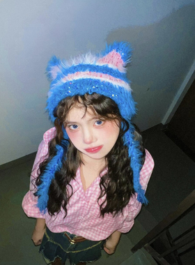 y2k甜酷撞色毛绒针织帽条纹猫耳绑带毛线帽女辣妹ins亚比套头帽子