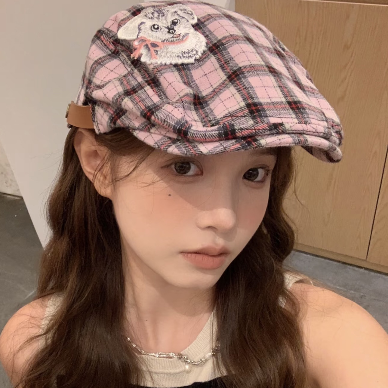 美式格纹前进帽y2k小狗画家帽