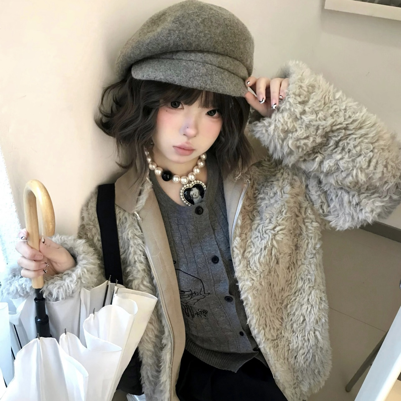 秋冬新款复古灰色毛呢报童帽子女