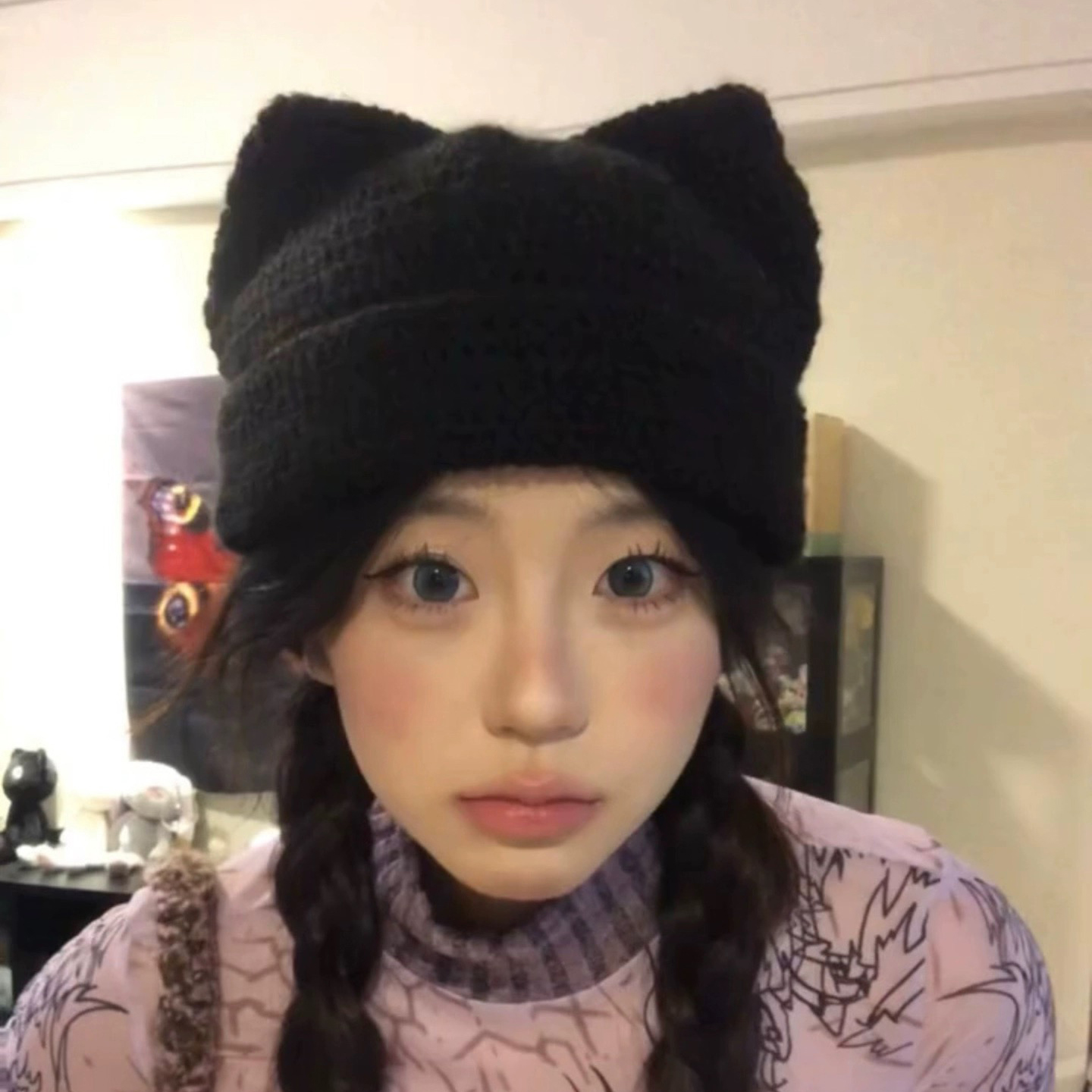 可爱猫耳朵毛线帽秋冬保暖