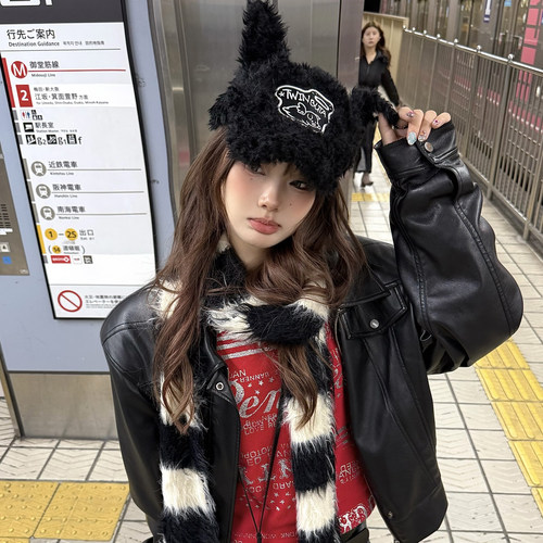 辣妹兔耳朵棒球帽女冬季保暖